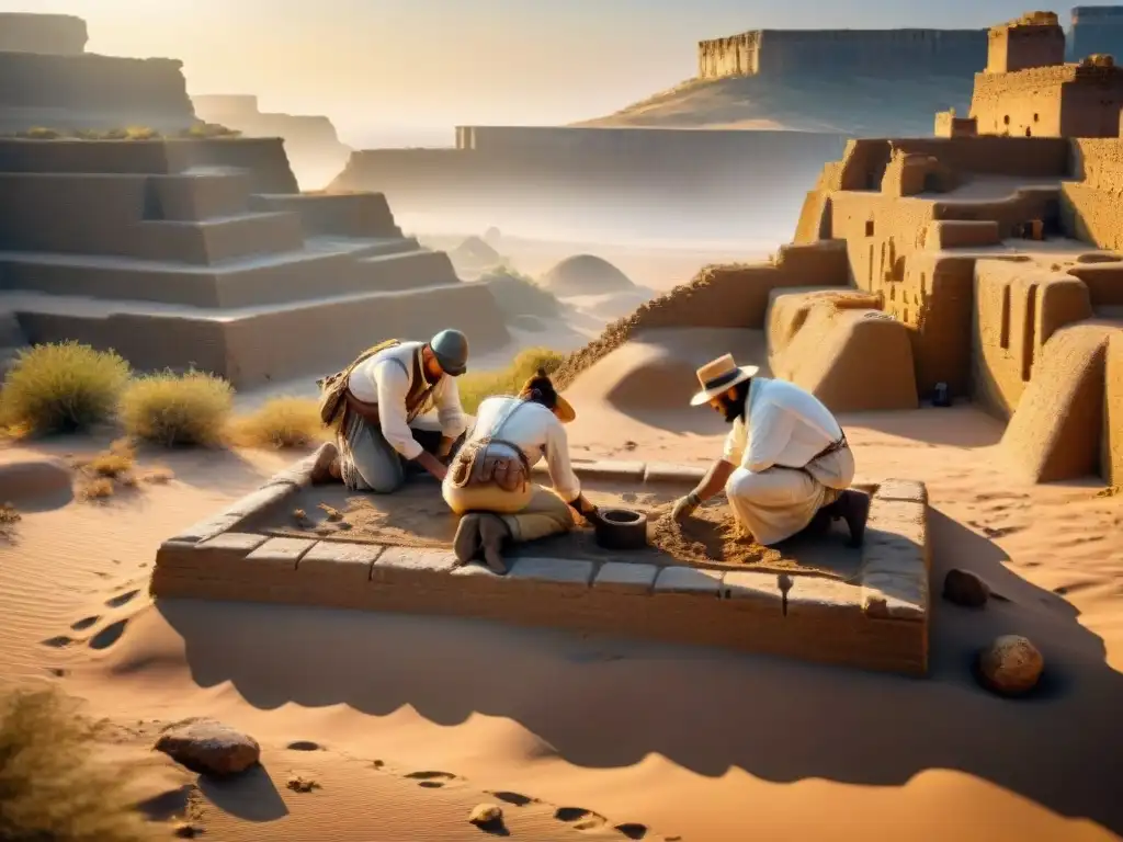 Equipo de arqueólogos excavando ruinas antiguas en un desierto remoto al atardecer