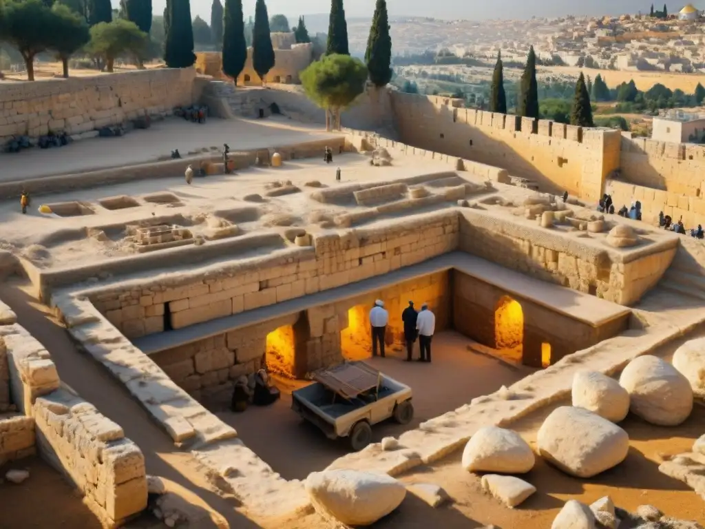 Equipo de arqueólogos excavando ruinas antiguas en Jerusalén al atardecer, revelando la historia de civilizaciones pasadas