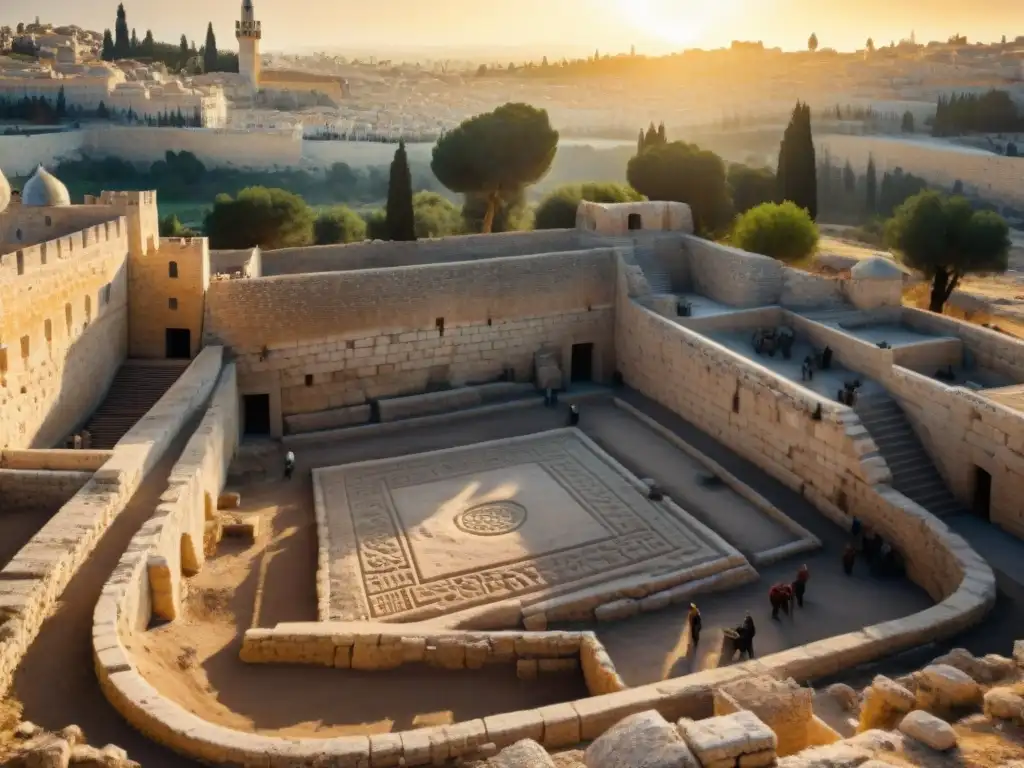 Equipo de arqueólogos excavando ruinas antiguas al atardecer en Jerusalén, fusionando tradición y tecnología