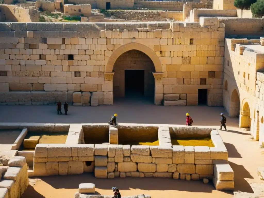 Equipo de arqueólogos excavando ruinas antiguas en Jerusalén, bajo la luz dorada del sol