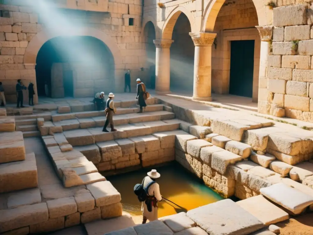 Equipo de arqueólogos excavando ruinas antiguas al atardecer en Jerusalén, reconstruyendo civilizaciones antiguas