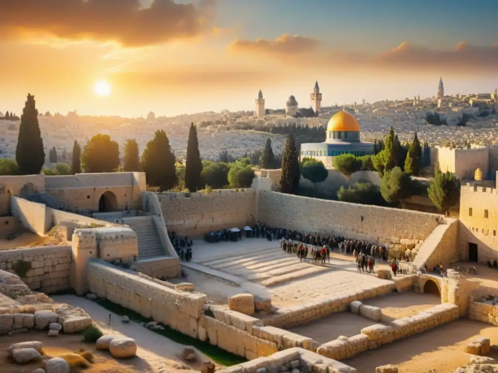 Equipo de arqueólogos excavando ruinas antiguas al atardecer en Jerusalén, mostrando la reconstrucción de civilizaciones antiguas