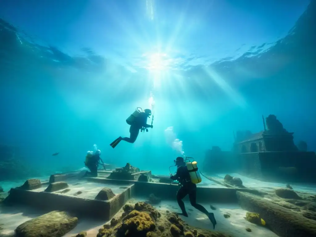 Equipo de arqueólogos excavando ruinas antiguas bajo el agua, rodeados de restos de una civilización perdida