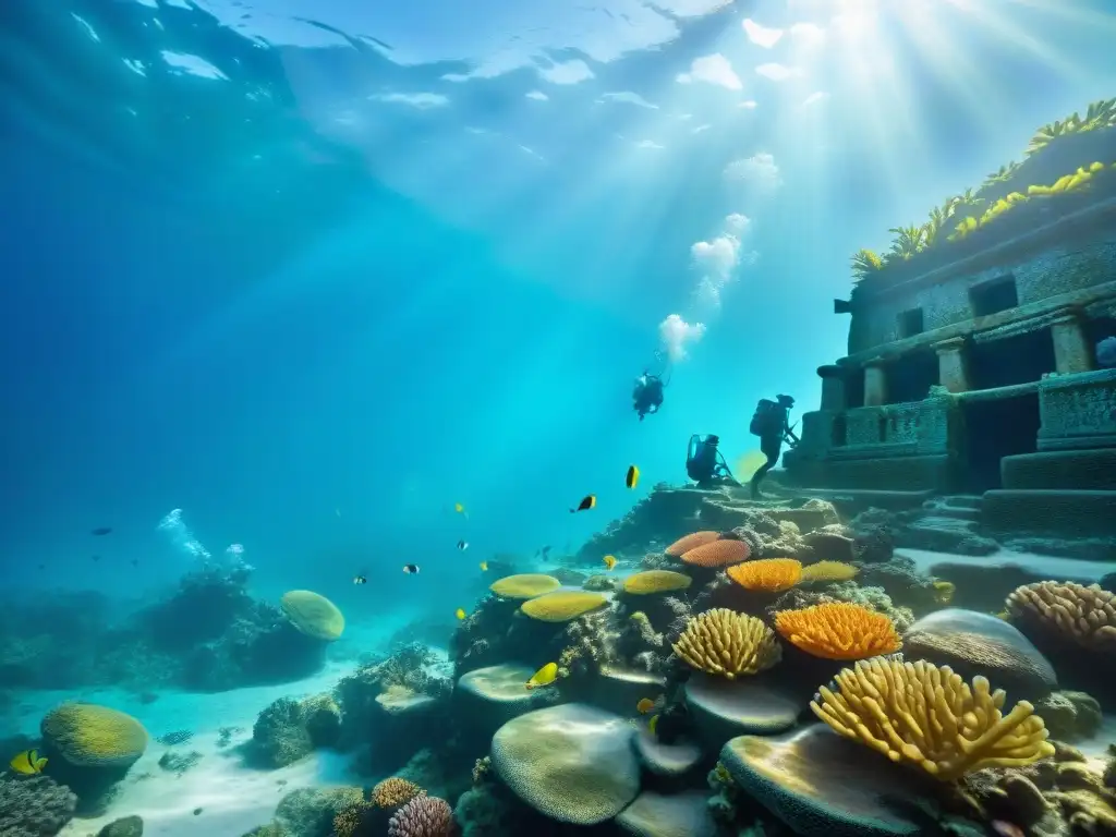 Un equipo de arqueólogos excava ruinas antiguas bajo el mar, rodeados de peces y corales coloridos