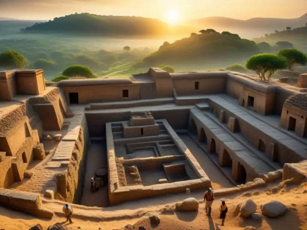 Equipo de arqueólogos descubriendo ruinas antiguas al atardecer