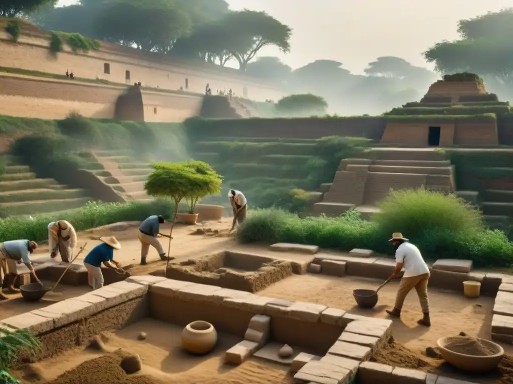 Equipo de arqueólogos excavando ruinas antiguas en búsqueda de pistas sobre los Jardines Colgantes de Babilonia historia