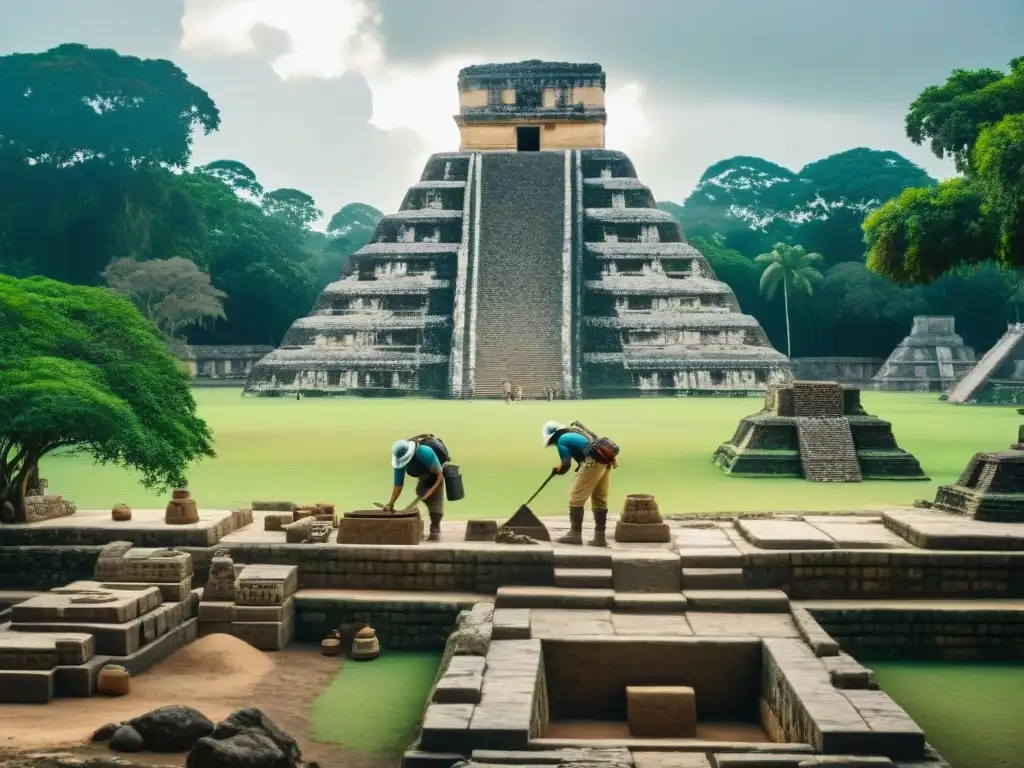 Equipo de arqueólogos excavando ruinas mayas con precisión y dedicación, revelando misterios de la civilización