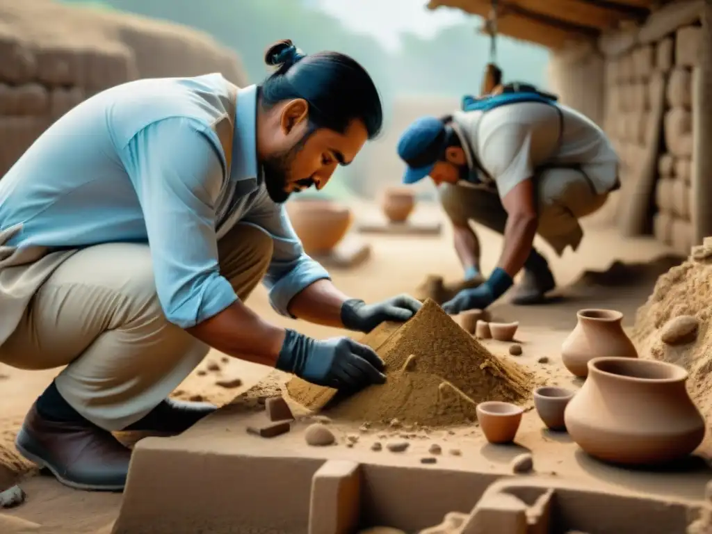 Equipo de arqueólogos explorando ruinas Moche, descubriendo artefactos antiguos