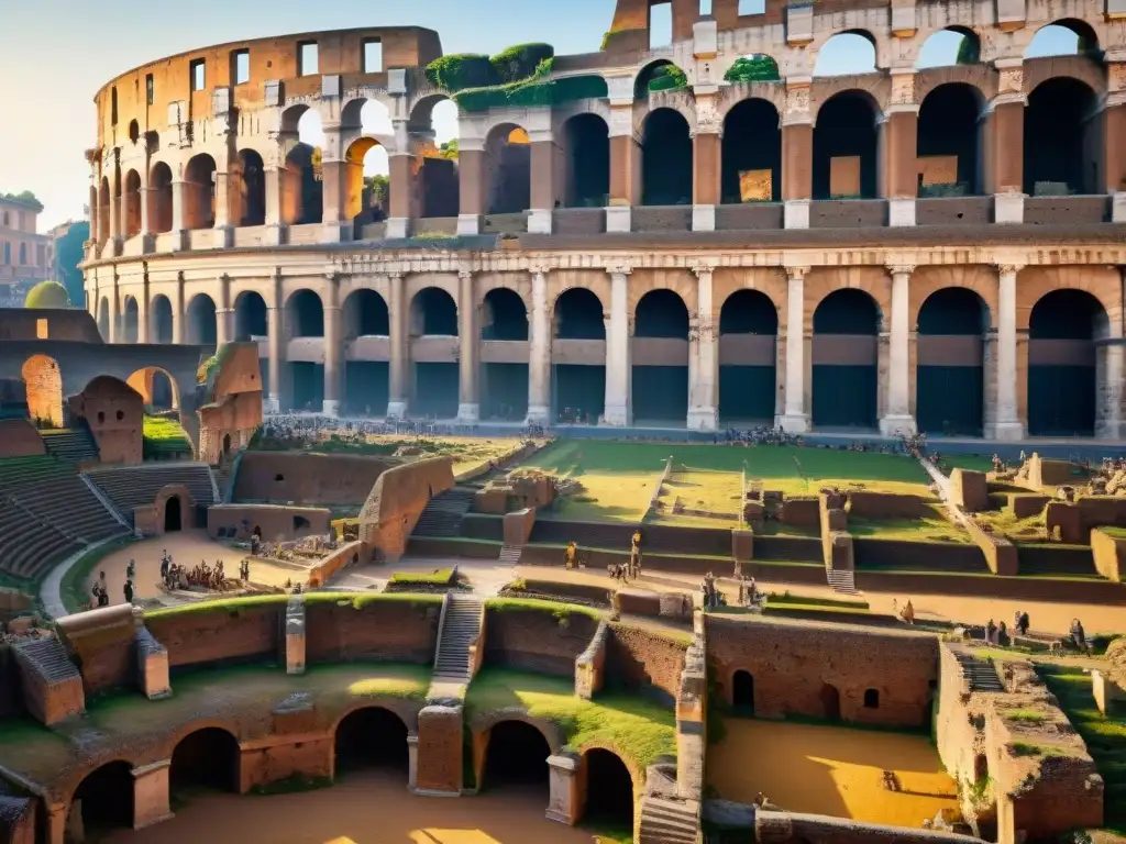 Equipo de arqueólogos excavando ruinas romanas con la luz dorada del atardecer en el Coliseo