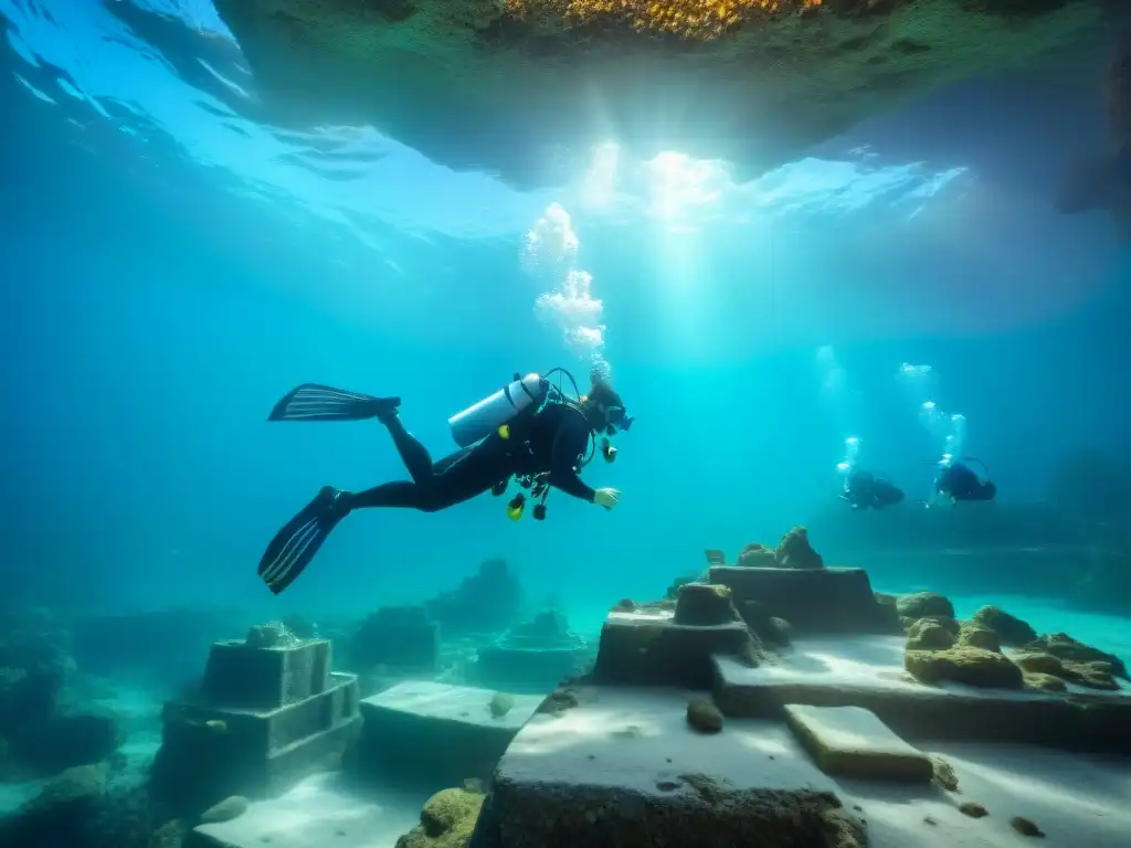 Equipo de arqueólogos explorando ruinas submarinas en Atlantis, rodeados de restos de una ciudad hundida y vida marina