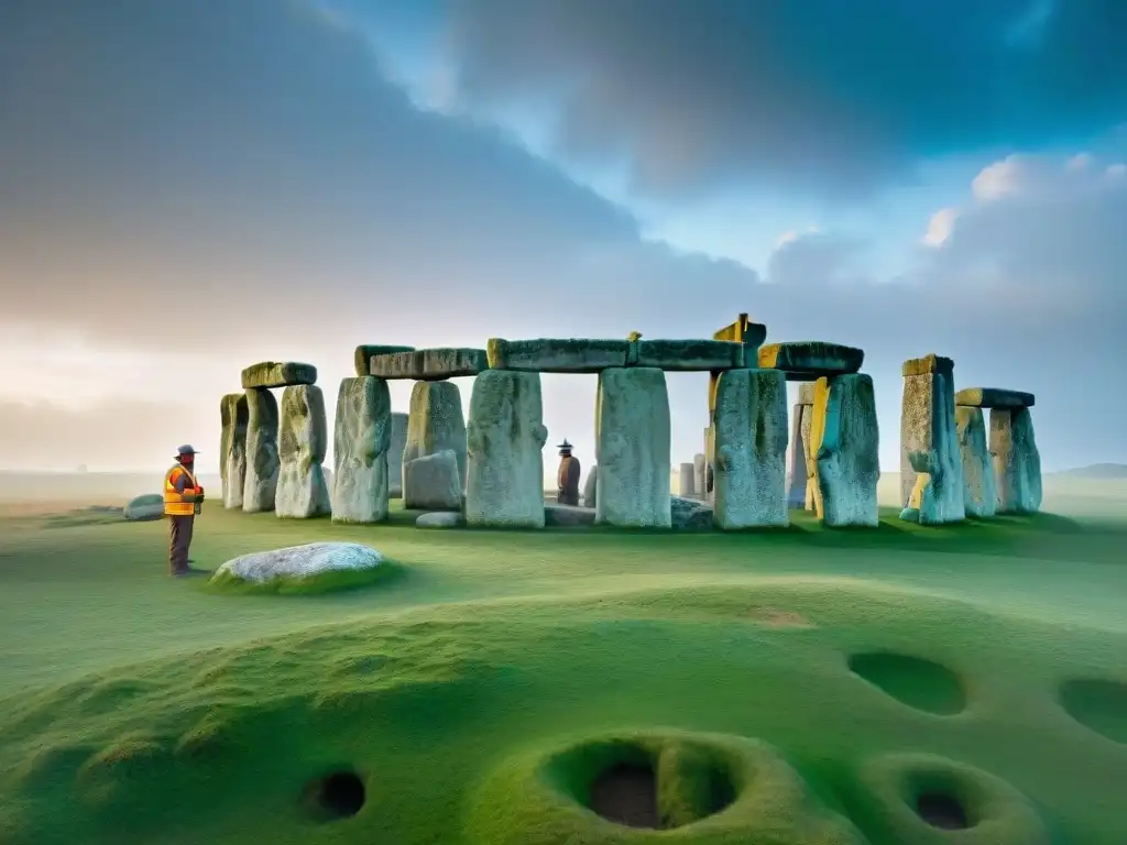 Equipo de arqueólogos excavando meticulosamente Stonehenge, desvelando secretos ancestrales