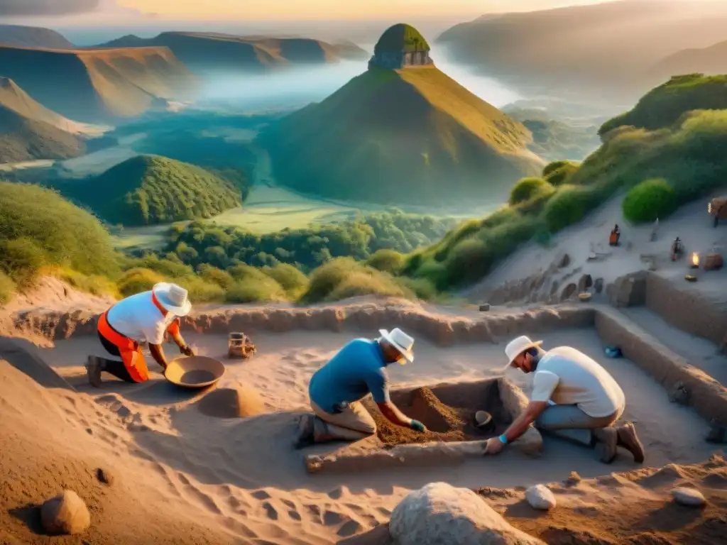 Un equipo de arqueólogos excavando un sitio antiguo, descubriendo restos y artefactos bajo un atardecer vibrante