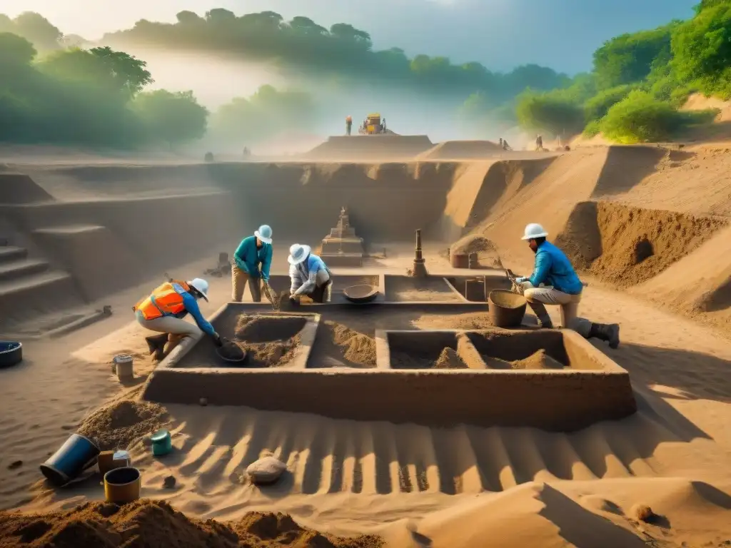 Equipo de arqueólogos excavando en sitio arqueológico, revelando artefactos antiguos