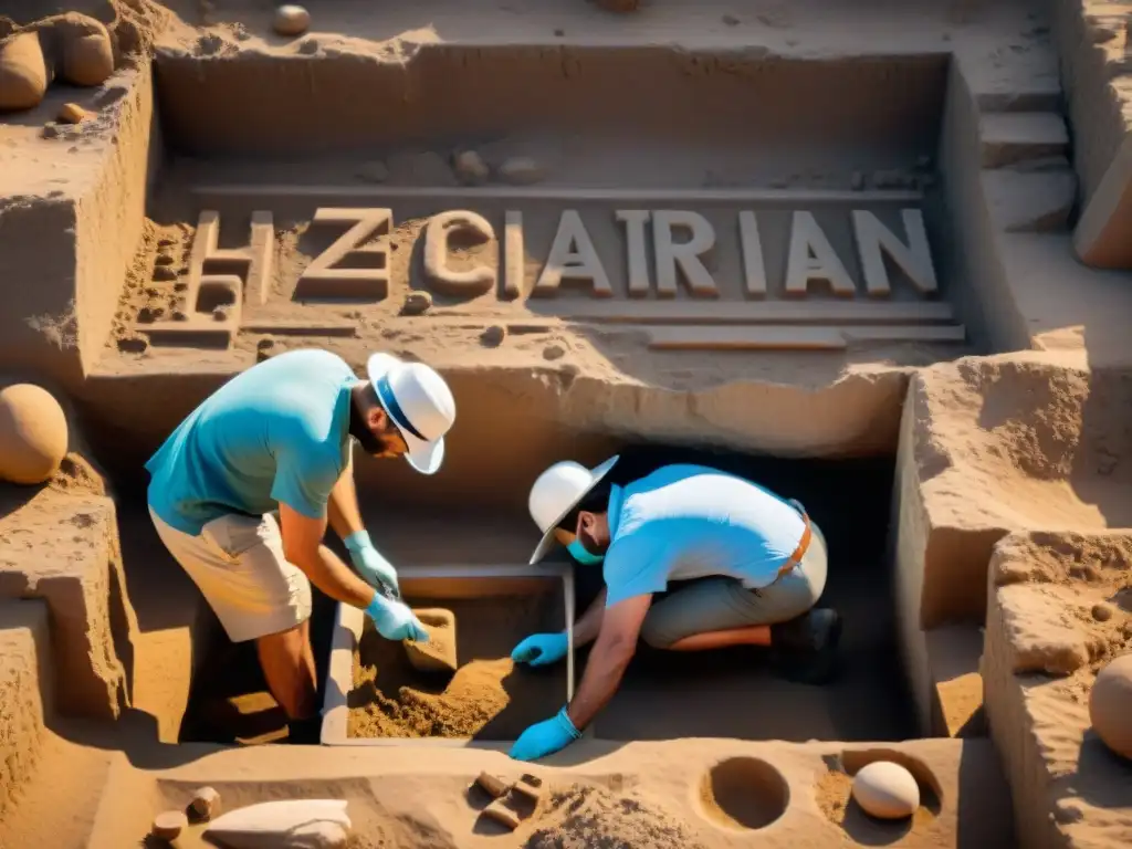 Equipo de arqueólogos excavando un sitio fenicio, desenterrando tablillas con alfabeto fenicio