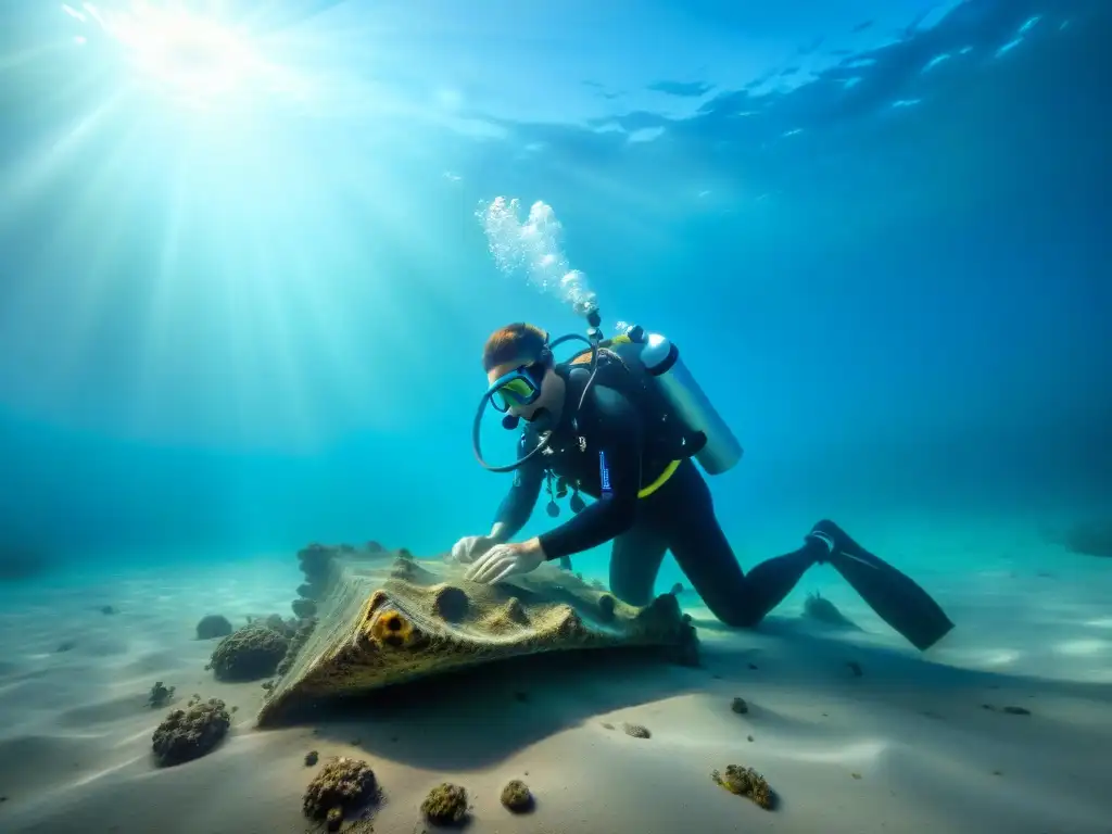 Equipo de arqueólogos submarinos descubriendo artefactos antiguos en el fondo marino