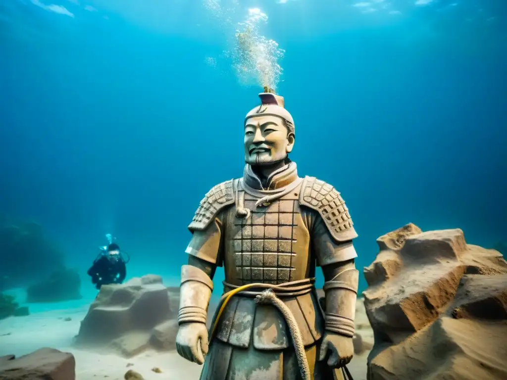 Un equipo de arqueólogos submarinos descubriendo artefactos antiguos en el mar, con estatua terracota cubierta de vida marina