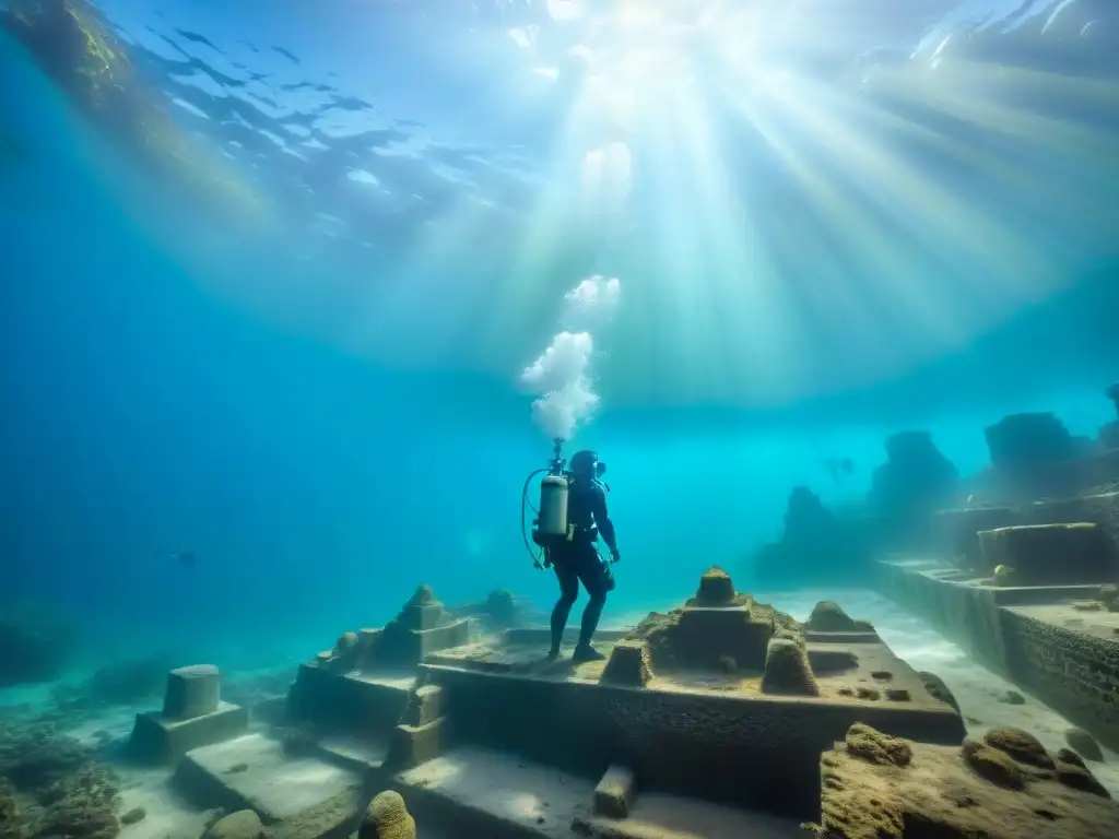 Equipo de arqueólogos submarinos descubriendo artefactos antiguos en ruinas sumergidas de Thonis-Heracleion en Egipto