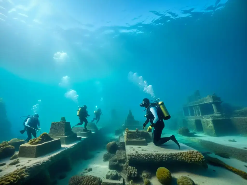 Equipo de arqueólogos submarinos explorando misterios ciudades sumergidas civilizaciones antiguas en el fondo marino