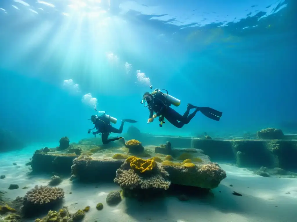 Equipo de arqueólogos submarinos excavando pruebas de artefactos Atlántida existencia en ciudad hundida