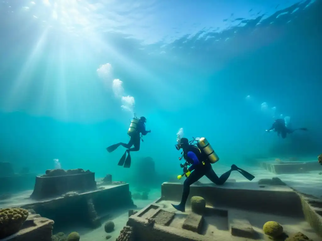 Equipo de arqueólogos submarinos explorando ruinas antiguas en la ciudad sumergida Dwarka, entre aguas turbias y estructuras hundidas