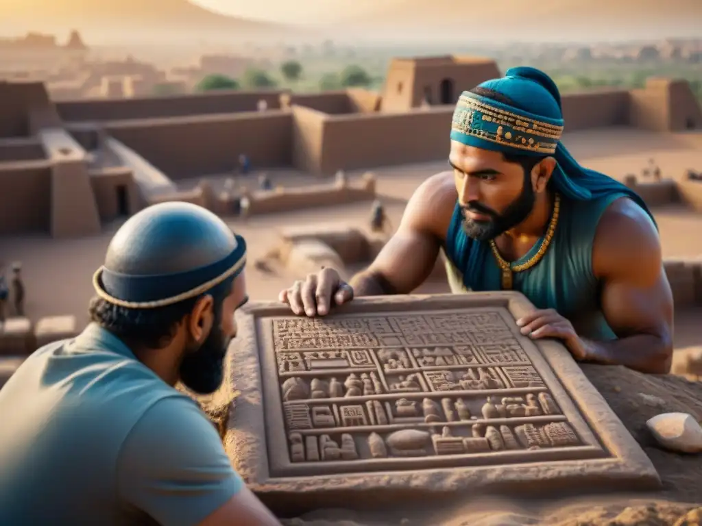 Equipo de arqueólogos excavando una tablilla de arcilla con escritura cuneiforme en Babilonia, bajo la luz dorada del sol