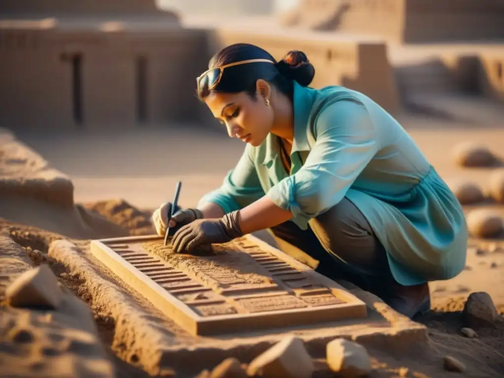 Equipo de arqueólogos excavando tablillas sumerias en ruinas antiguas al atardecer