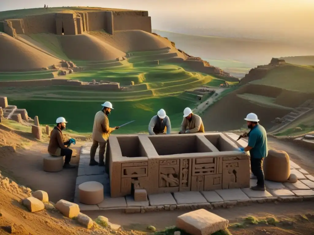 Equipo de arqueólogos restaurando meticulosamente tallados en piedra en el Templo Gobekli Tepe al atardecer