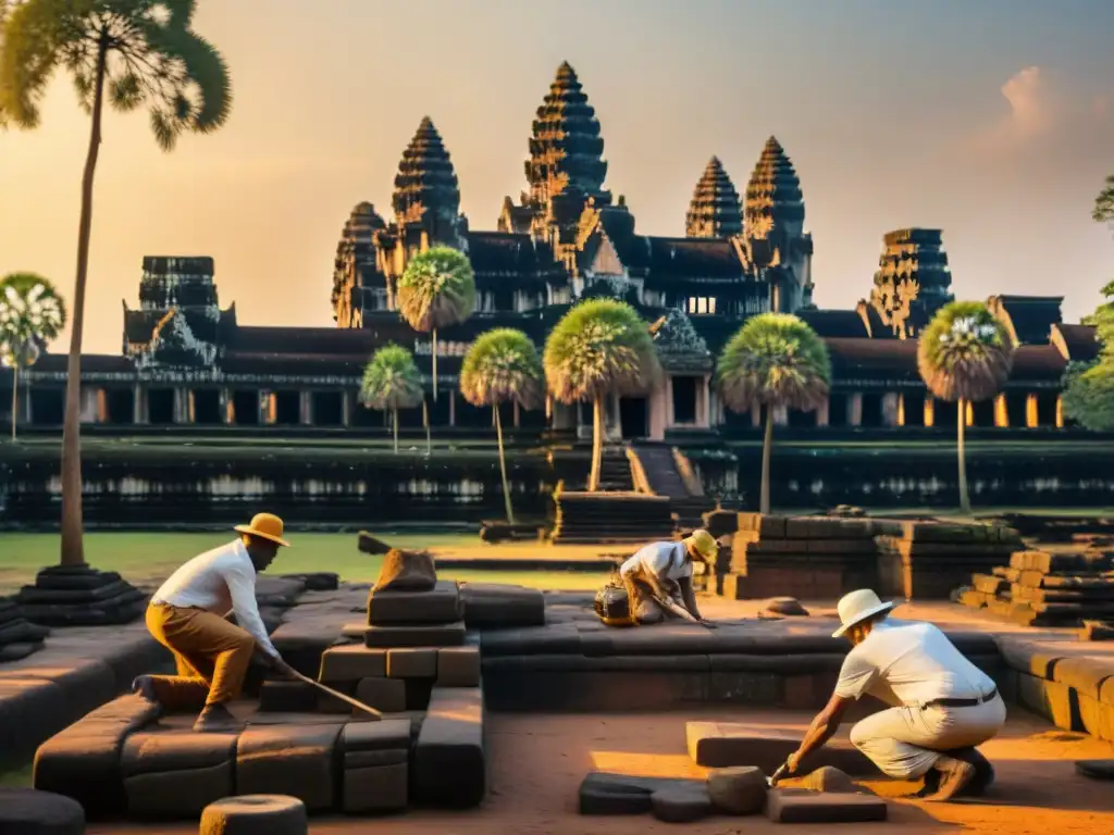 Equipo de arqueólogos descubriendo técnicas en Angkor Wat al atardecer, conectando pasado y presente en restauración