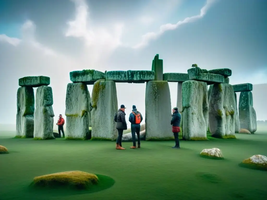 Equipo de arqueólogos escaneando Stonehenge con tecnología digital, fusionando misterios antiguos y resurrección digital