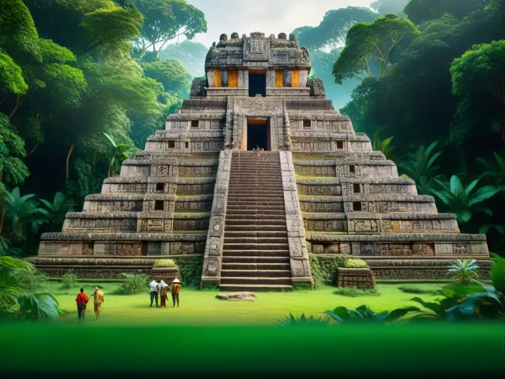 Equipo de arqueólogos descubriendo un templo Maya bajo la selva