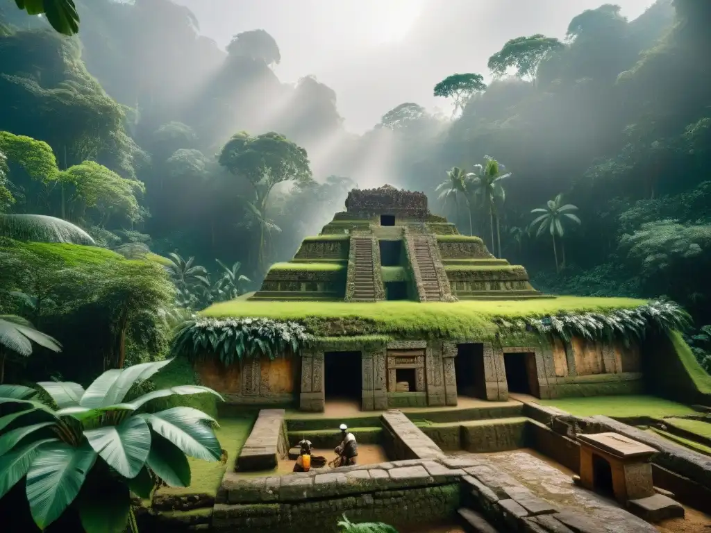Equipo de arqueólogos excavando un templo precolombino oculto en la selva