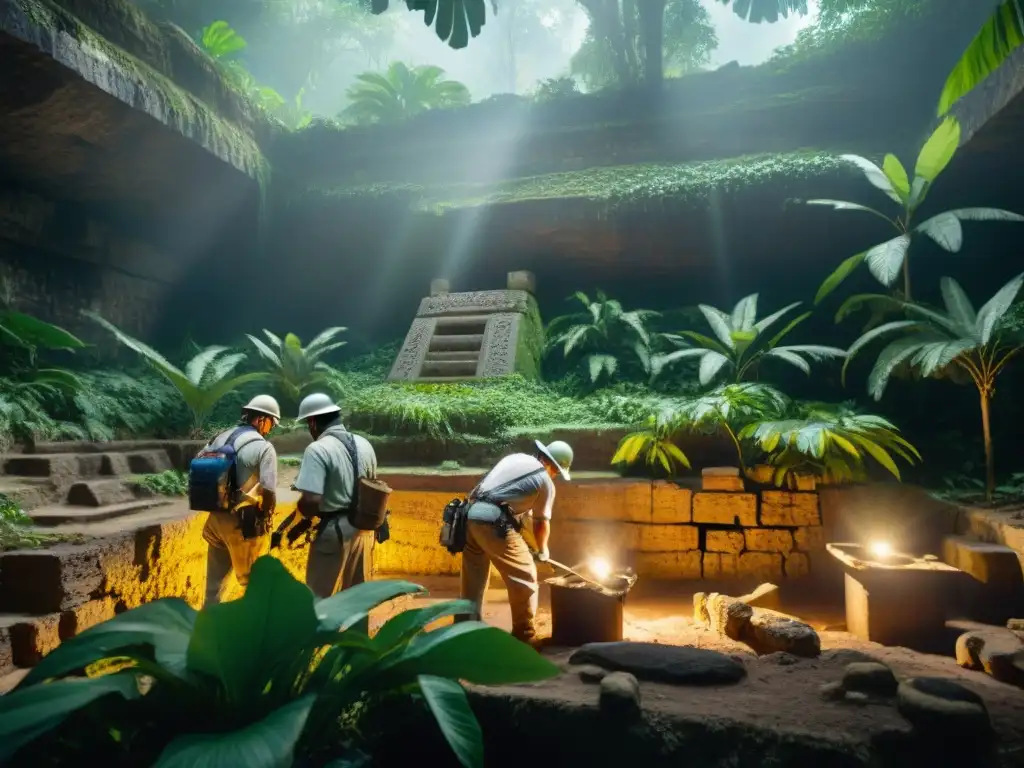 Equipo de arqueólogos descubriendo tesoros ocultos en ciudad maya, rodeados de exuberante vegetación