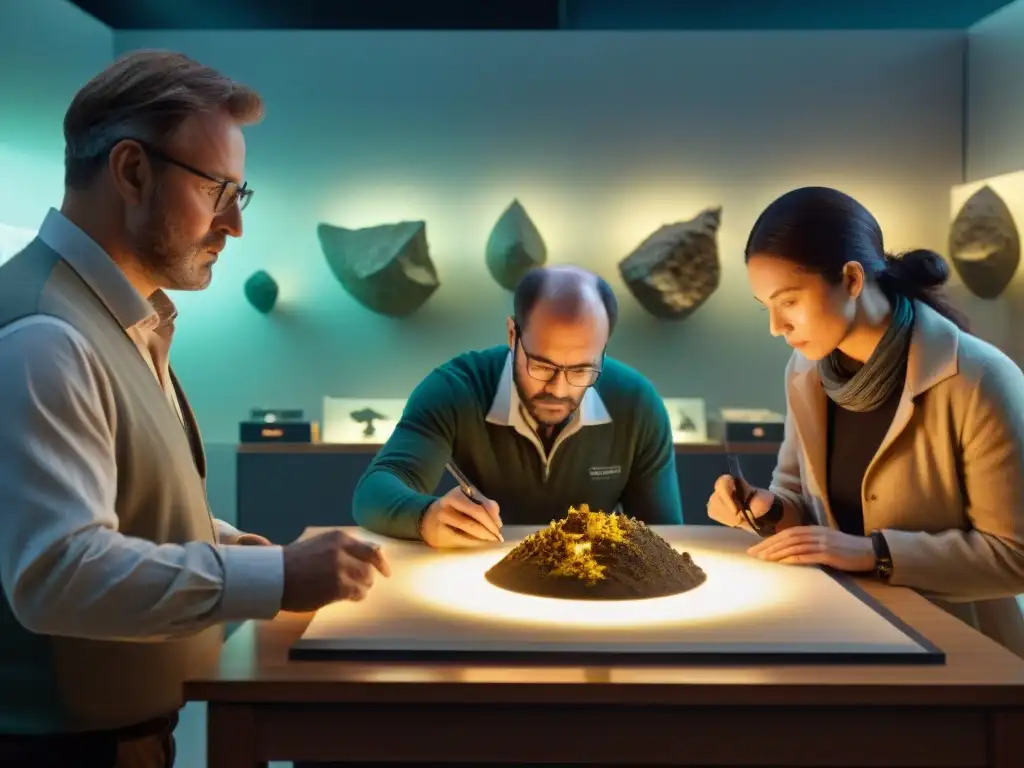 Equipo de conservación examinando artefactos antiguos con tecnología de sensores en laboratorio