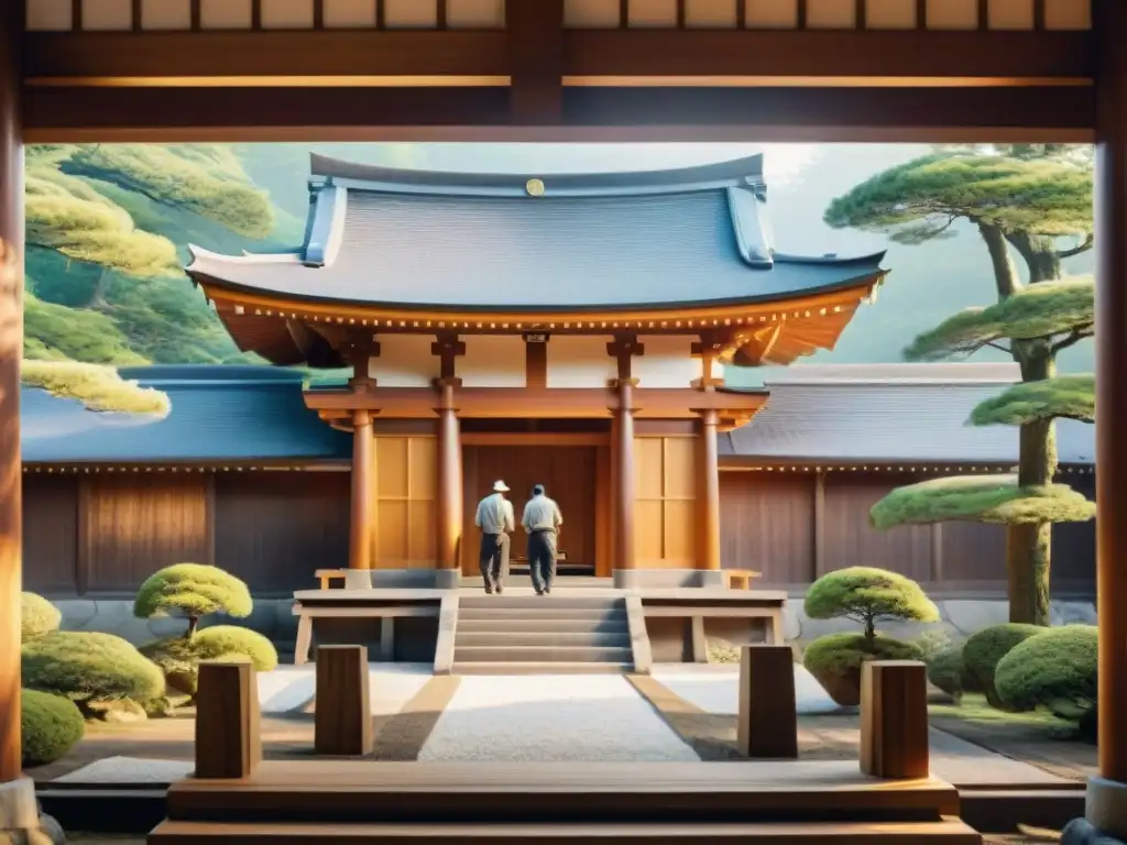 Equipo de artesanos reconstruyendo un templo Shinto en Japón, mostrando la belleza y serenidad del paisaje japonés