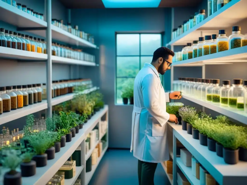 Equipo de científicos en laboratorio farmacéutico moderno con plantas de medicina precolombina