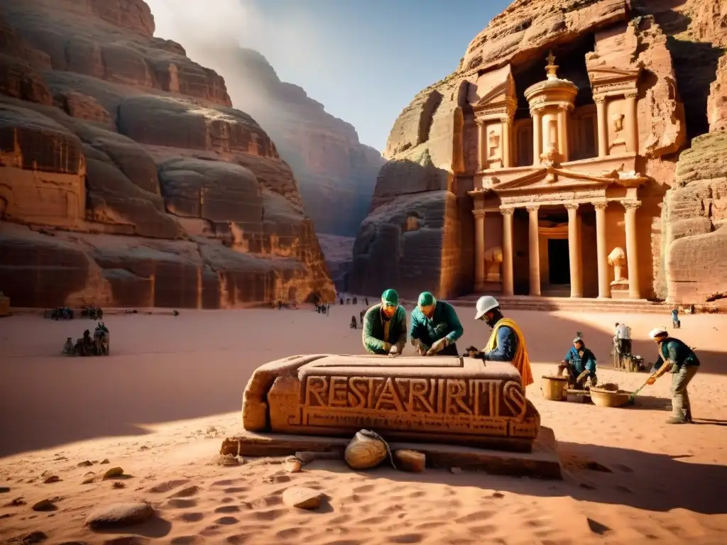 Equipo de conservacionistas restaurando una antigua escultura en Petra al atardecer, resaltando la dedicación