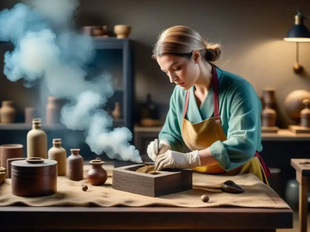 Equipo de conservadores restaurando artefacto antiguo en laboratorio con herramientas e iluminación tenue