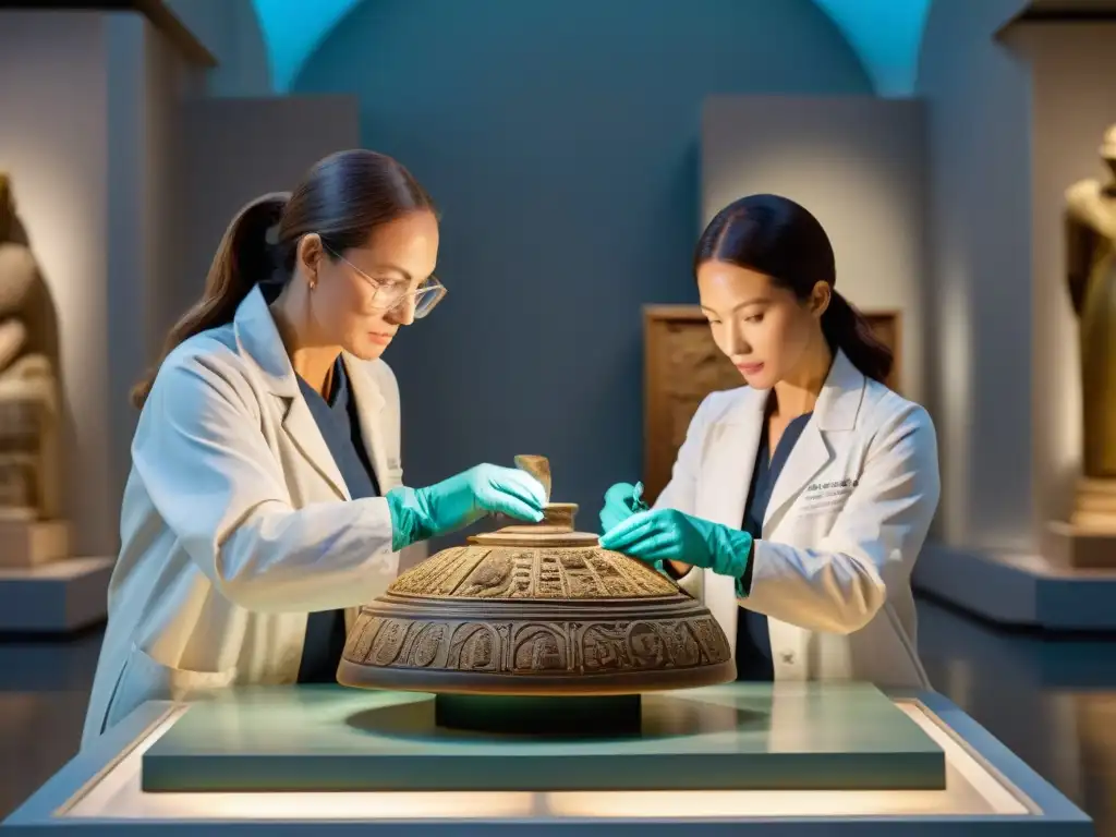 Equipo de conservadores restaurando con delicadeza un antiguo artefacto, combinando técnicas modernas con reverencia por la historia