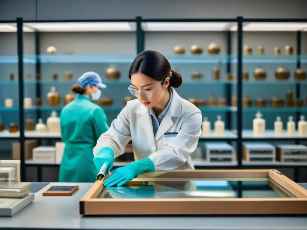 Un equipo de conservadores encapsula con precisión un frágil artefacto antiguo en laboratorio de vanguardia