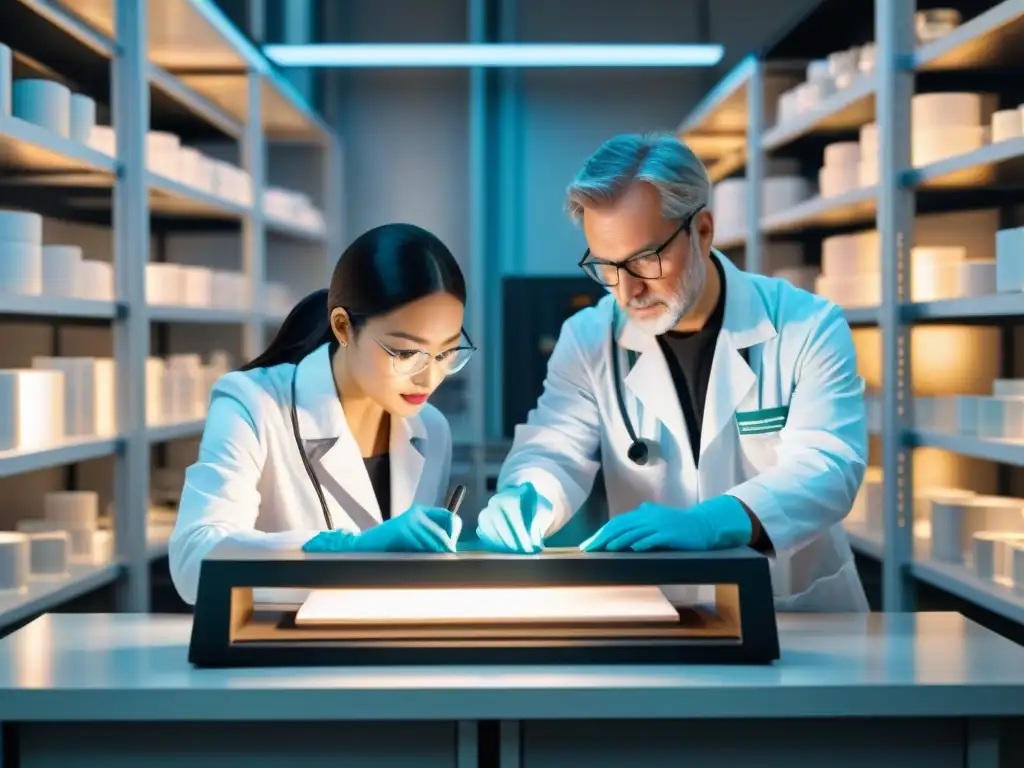 Equipo de conservadores en laboratorio de alta tecnología examinando artefacto con sensores avanzados