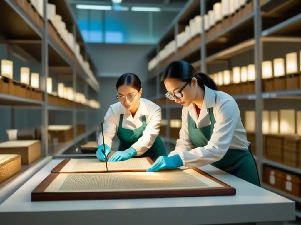 Un equipo de conservadores examina manuscritos antiguos en una sala controlada, protegiéndolos de insectos destructores civilizaciones antiguas