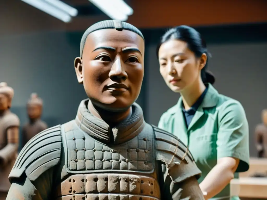 Equipo de conservadores restaurando con precisión un guerrero de terracota, destacando el meticuloso trabajo bajo una brillante iluminación de estudio