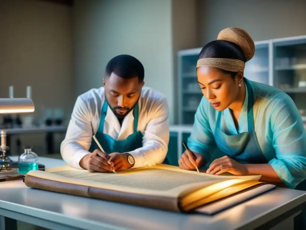 Equipo diverso de investigadores restaurando un manuscrito antiguo en laboratorio de preservación