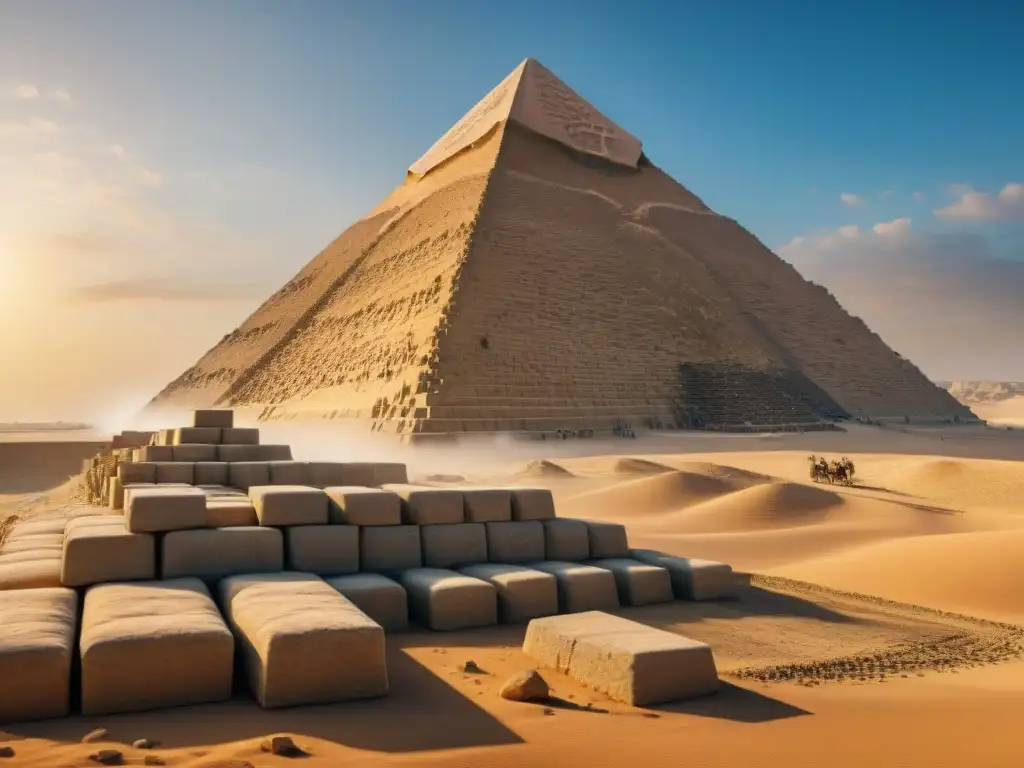 Equipo egipcio antiguo construyendo la Gran Pirámide de Giza bajo el sol abrasador