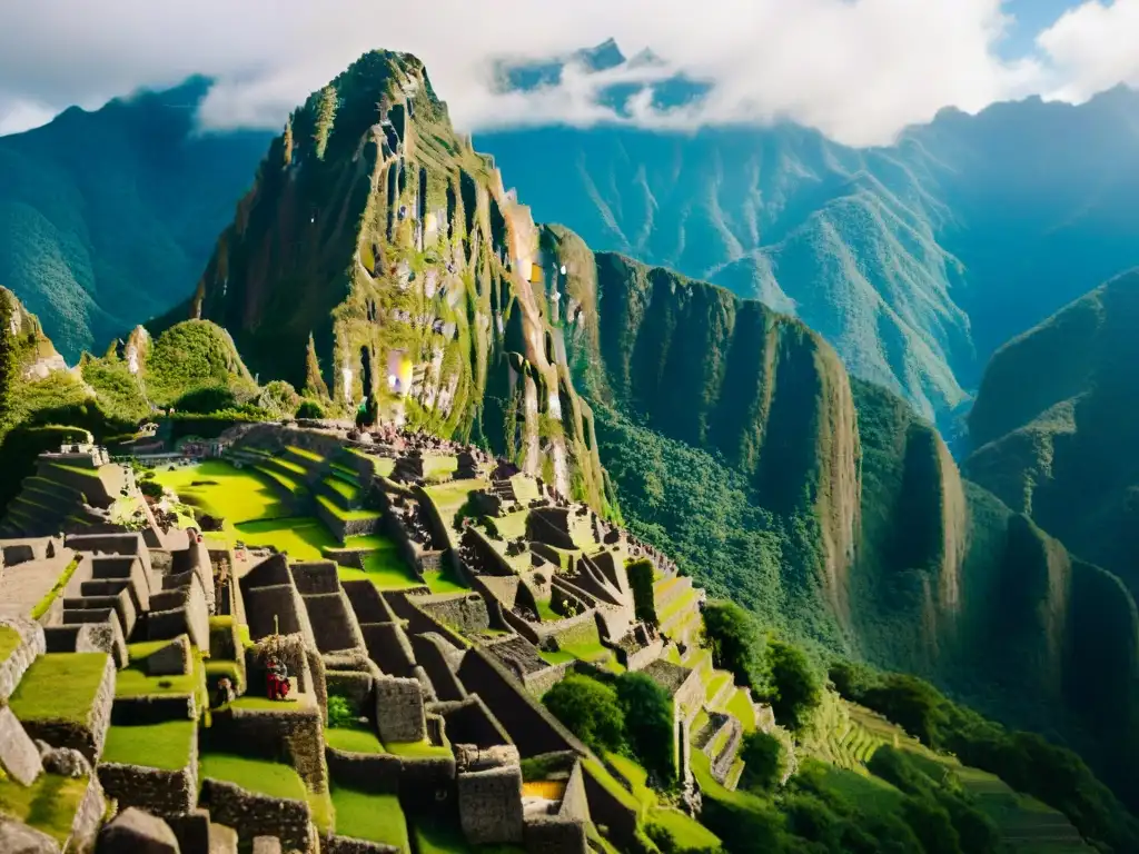 Equipo de restauración en Machu Picchu preservando con esmero las antiguas estructuras de piedra en armonía con los Andes al amanecer