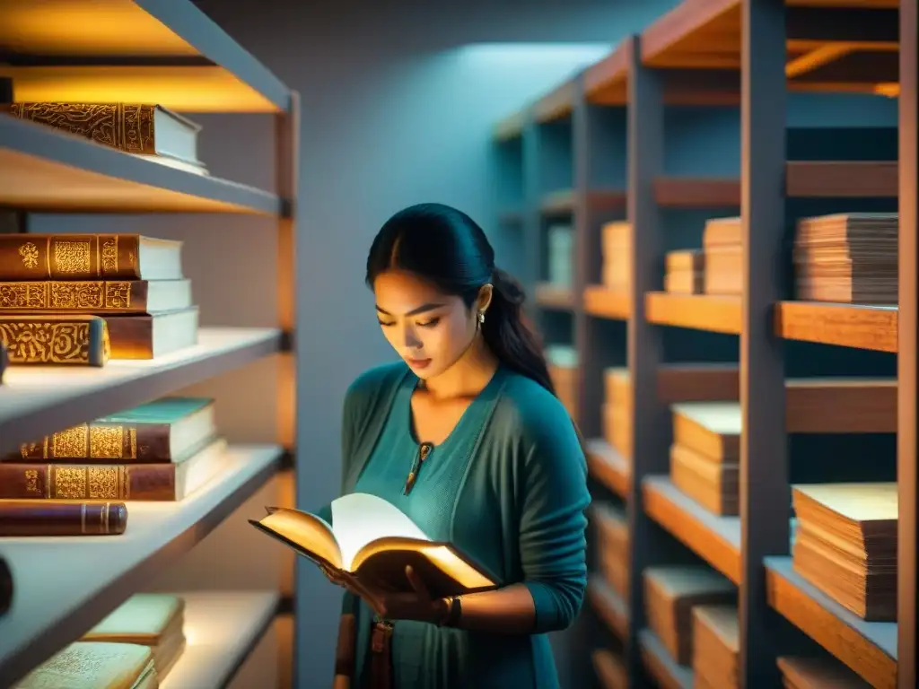 Equipo de expertos digitalizando códices mayas en una sala archivística, preservando conocimiento antiguo