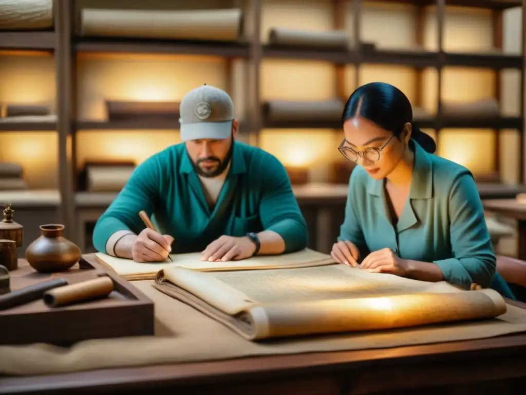 Un equipo de expertos en conservación de documentos antiguos misterios trabajando en un taller de restauración de manuscritos