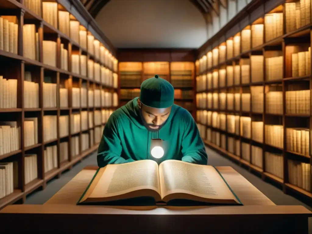 Equipo de investigadores en una antigua biblioteca, desentrañando secretos del Manuscrito Voynich