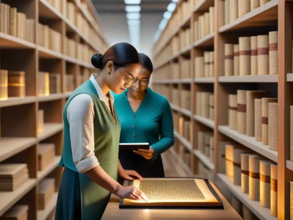 Equipo de investigadores digitalizando un papiro antiguo en una sala de archivos con tecnología de vanguardia