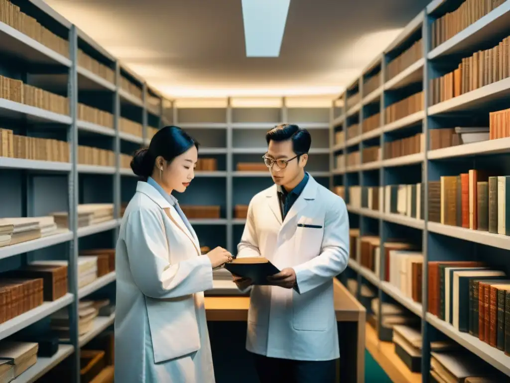 Equipo de investigadores analizando textos antiguos con tecnología avanzada en laboratorio